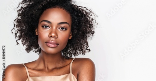 A beautiful woman with radiant skin posing for the camera against a white background in the style of a beauty and skincare concept commercial