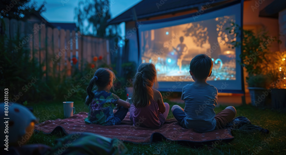 Children were watching a movie on an outdoor projector in the garden at home, sitting together with their parents and enjoying fun moments of family time