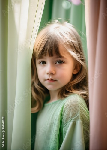 Close-up portrait of a little girl behind a curtain