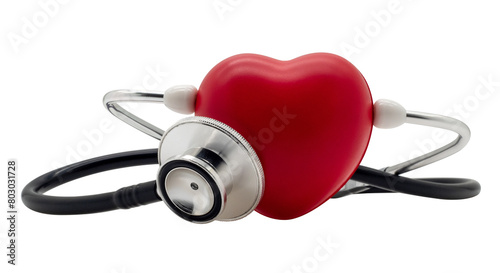Obraz na plátně Red heart shape exercise ball with doctor physician's stethoscope isolated with clipping path on transparent background, hospital life insurance concept, world heart health day