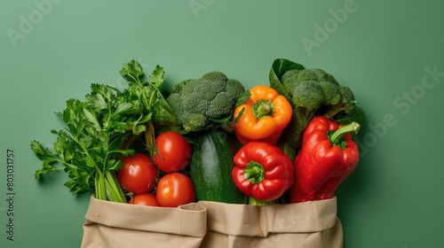 A shopping bag filled with fresh vegetables demonstrates a healthy lifestyle. A bag made of environmentally friendly material on a colored background.