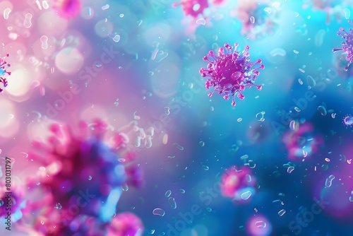 Virus particles in pink and blue, with a soft focus and abstract floating shapes