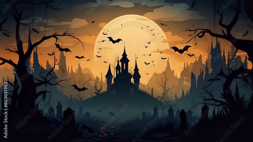Autumn Celebration: Halloween Castle and Bats Set Spooky Background
