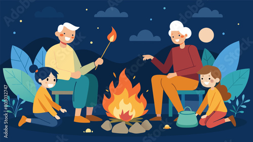 A family gathering around a campfire roasting marshmallows and listening to their grandparents humorous anecdotes about their own parents experiences. Vector illustration