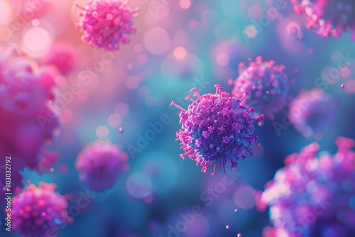 Virus particles in pink and blue, surrounded by a magical bokeh light environment