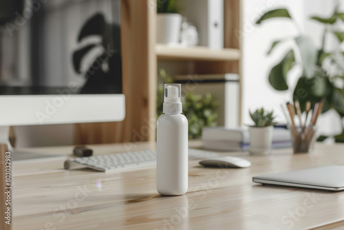 White spray bottle on a wooden desk in a modern home office.
