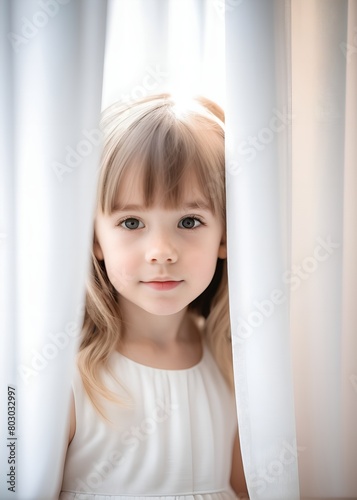 Close-up portrait of a little girl behind a curtain