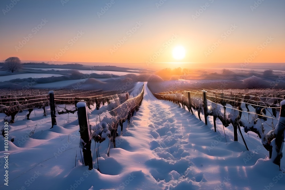 Fototapeta premium winter in the vineyard with snow blankets dormant vines and ambient light