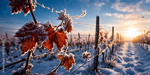 winter in the vineyard with snow blankets dormant vines and ambient light photo