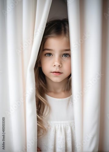 Close-up portrait of a little girl behind a curtain