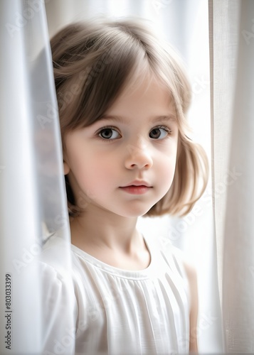 Close-up portrait of a little girl behind a curtain