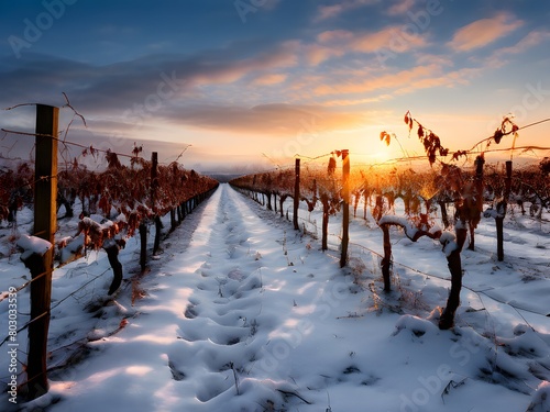 winter in the vineyard with snow blankets dormant vines and ambient light