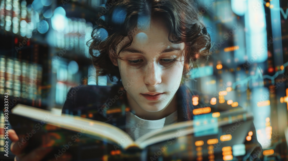 Young man reading a book, double exposure with stock market graphs. Concept of financial education and learning Young man reading a book, double exposure with stock market graphs. Concept of financial education and learning