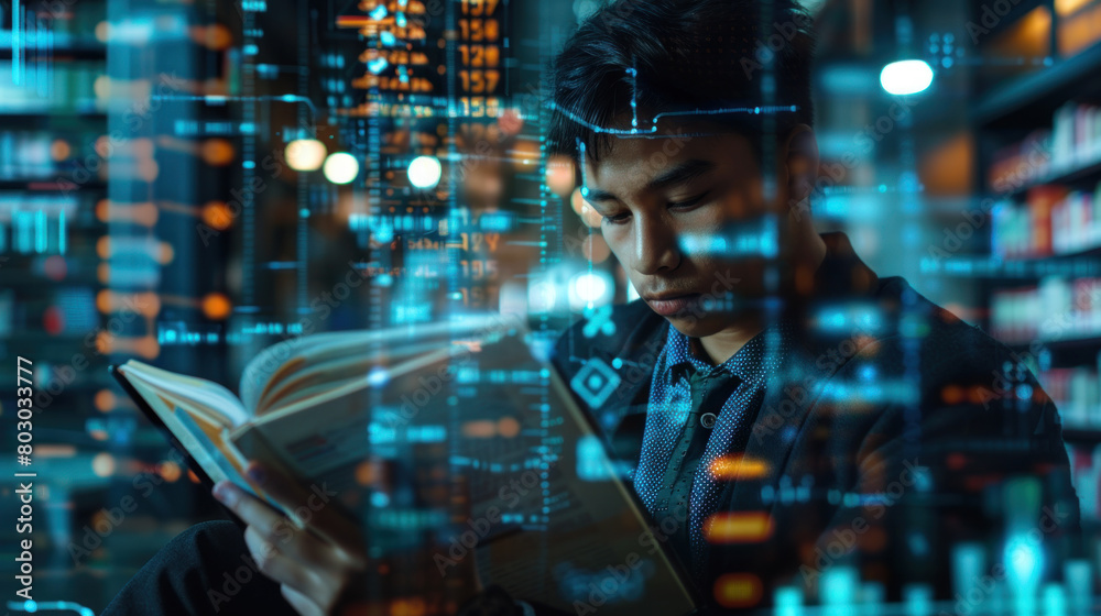 Young man reading a book, double exposure with stock market graphs. Concept of financial education and learning Young man reading a book, double exposure with stock market graphs. Concept of financial education and learning