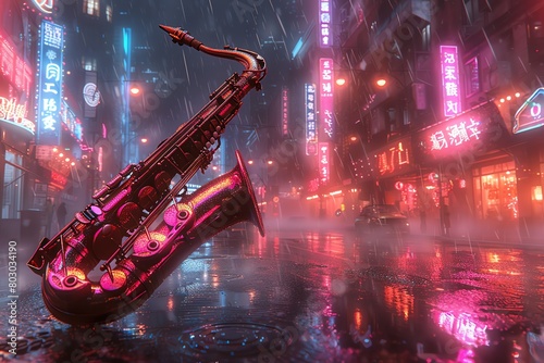 A saxophone sits on the wet pavement of a rainy city street at night