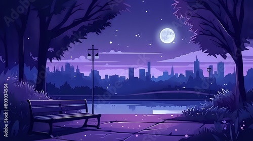 Purple Midnight: City Park Embankment at Night with Vector Illustration photo