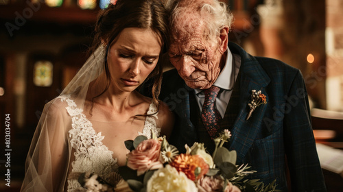 Sad old groom and sullen young bride - unequal marriage concept