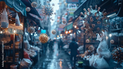 Coronavirus Particles Imagined in Urban Market Setting