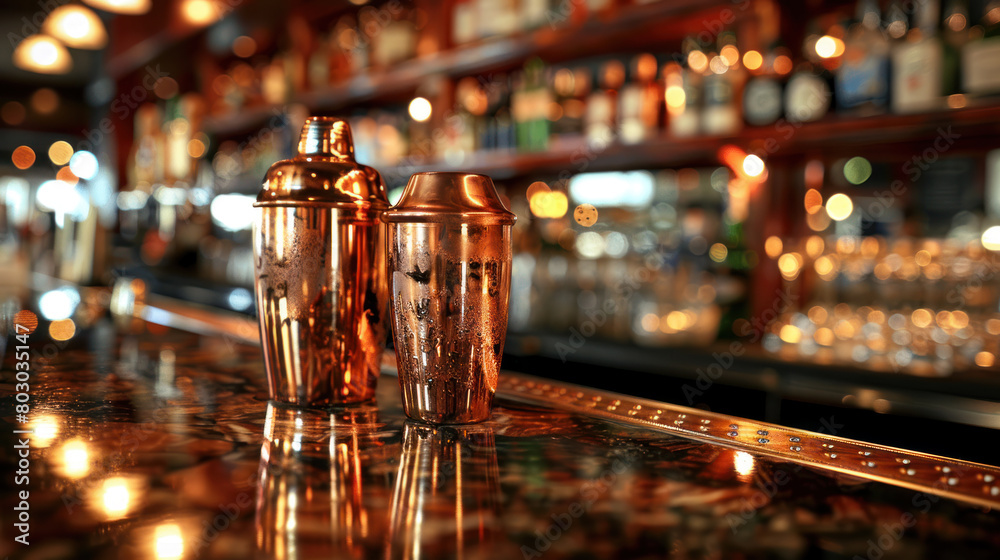 Marble bar counter with old style copper shakers Marble bar counter with old style copper shakers