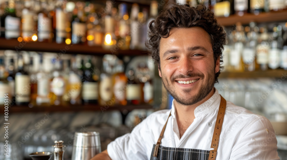 Smiling young male bartender in apron Smiling young male bartender in apron