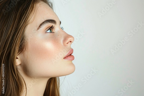 A portrait of an attractive woman with smooth, glowing skin and subtle makeup, captured in profile against a white background for contrast