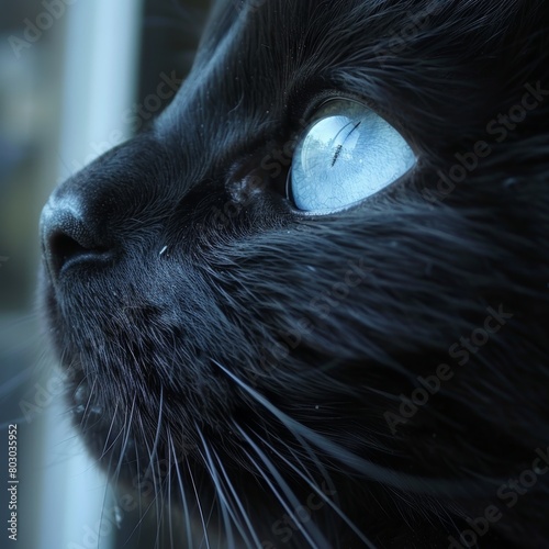Black cat with blue eyes portrait on dark background captured with sony a1 at 85mm f8