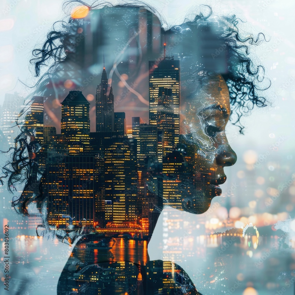 Urban Dreams, Double Exposure Portrait of Woman with Cityscape