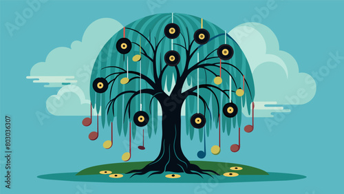A whimsical willow tree with drooping branches showcasing vinyl records of indie pop folk and acoustic blues. Vector illustration