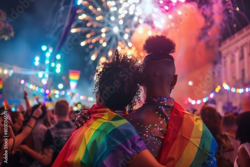 Vibrant Pride Celebration with Fireworks and LGBTQ Flags at Night