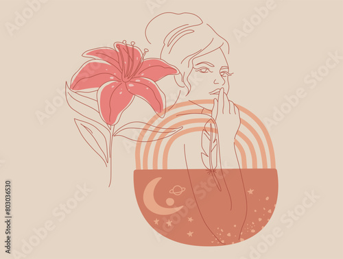 Boho style woman hand drawn abstract simple line, Female portrait and nature of tropical leaves, Symbol of mystery in minimal linear. Vector design illustration.