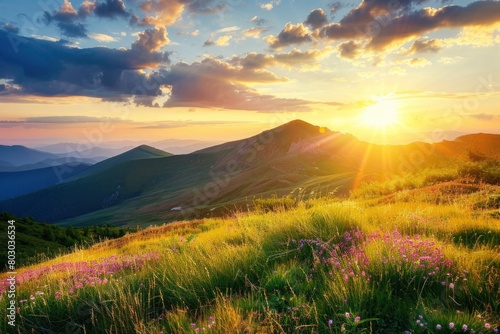 Majestic Sunset Over Lush Mountain Range With Colorful Flora