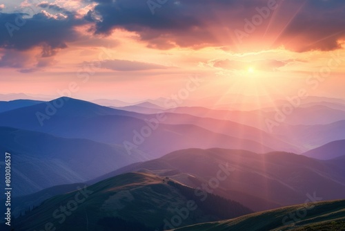 Majestic Sunset Over Rolling Mountain Ranges - A Tranquil Natural Scene
