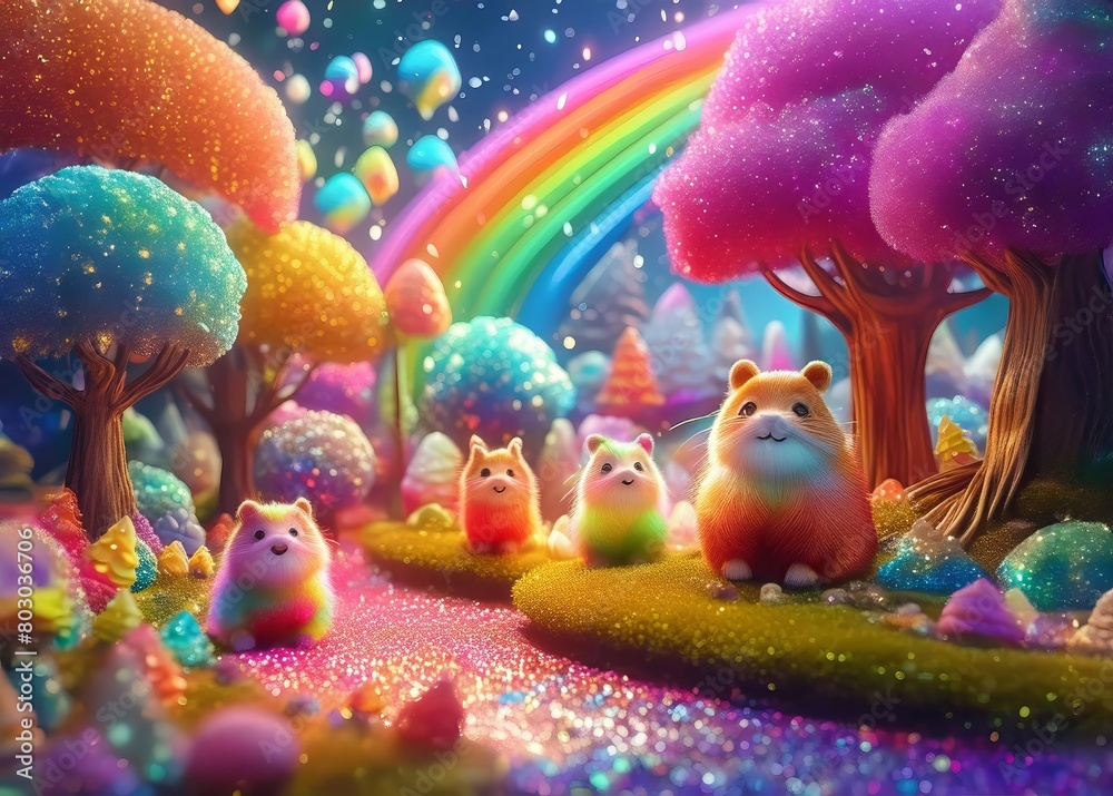 Generated image of a fantasy glittery wonderland of cute cuddly toys and unicorns with rainbows.