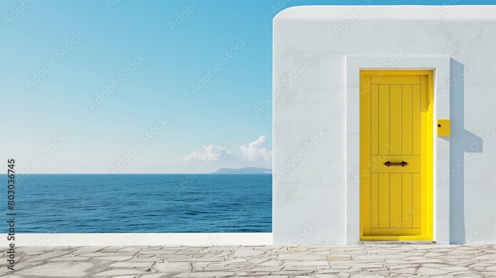 White wall with yellow opened door ocean view White wall with yellow opened door ocean view