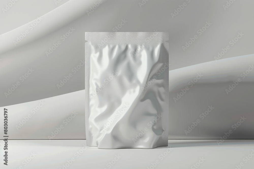 White packaging pouch on a white minimalist background White packaging pouch on a white minimalist background