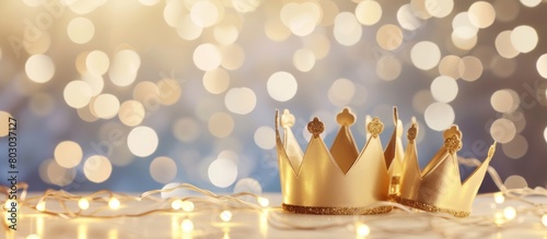 Gold crowns on blue background with bokeh lights photo