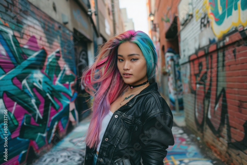 Trendy Young Woman with Multicolored Hair in Urban Graffiti Alley © NS