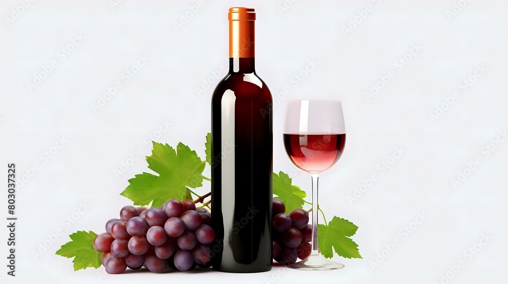 Red Wine Bottle with Grapes: Isolated on White Background, Transparent View