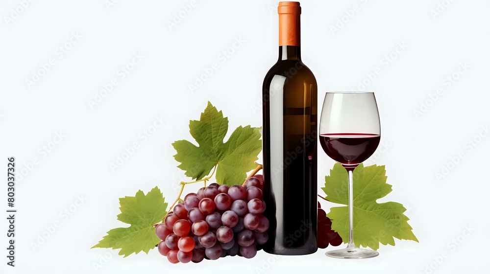 Transparent Wine Bottle: Red Grapes, Isolated, White Background, Celebration