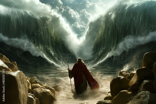 Artistic illustration of back view of Moses dividing the red sea in exodus photo