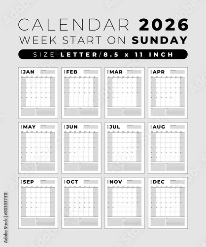 Calendar 2026 blank template clean and minimal design size Letter, Week start on sunday
