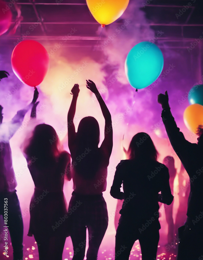 silhouettes of people dancing at a crowded party at midnight, colorful lights and smoke at background
