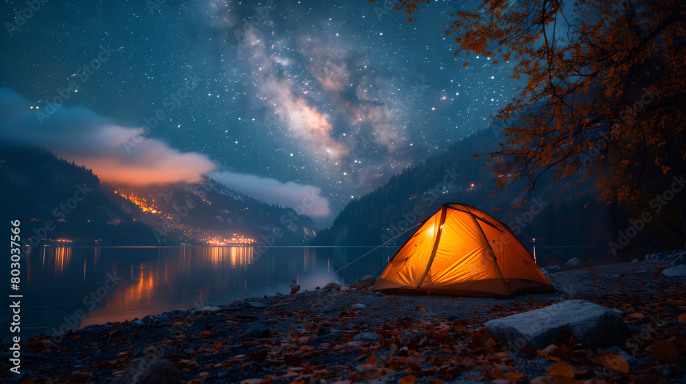Camping at the riverside at starry night