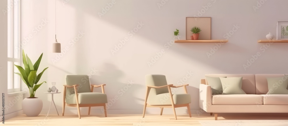 Minimalist interior design of a modern living room with light blue armchairs Minimalist interior design of a modern living room with light blue armchairs