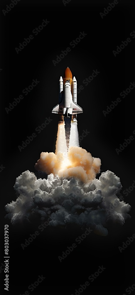 AI generated illustration of a space shuttle and rocket launching into the sky with jet pack