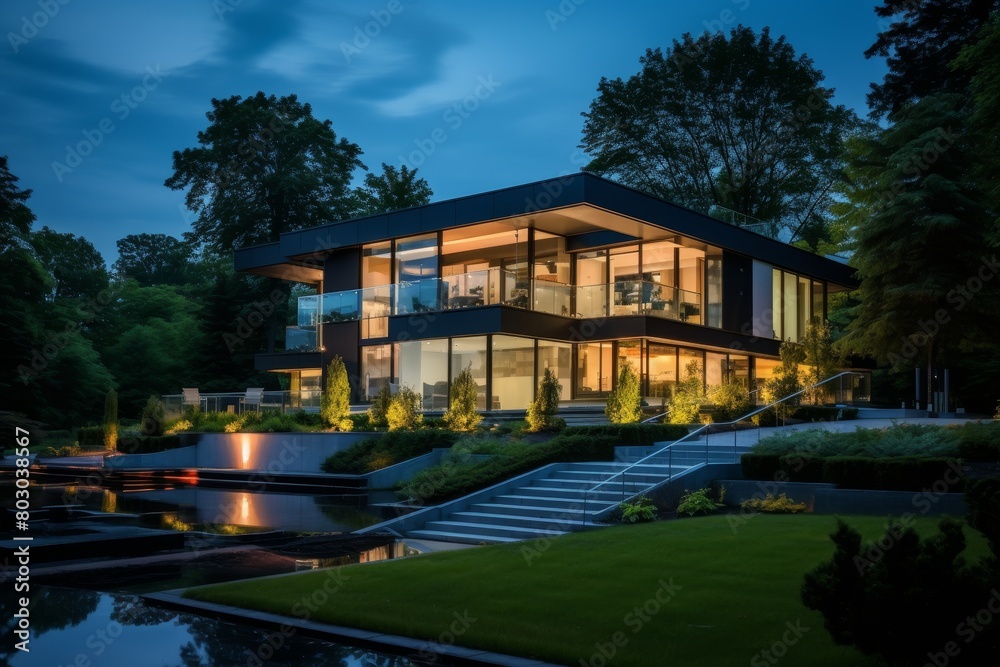 A Futuristic Smart Home Nestled in a Lush Green Landscape, Showcasing High-Tech Features like Solar Panels, Automated Windows, and Voice-Controlled Lighting