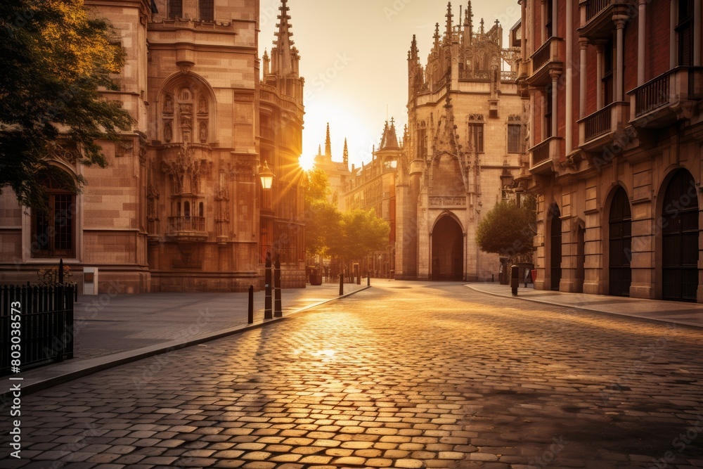 A Majestic View of a Historic European Cathedral Basking in the Warm Glow of a Setting Sun, Surrounded by Ancient Cobblestone Streets