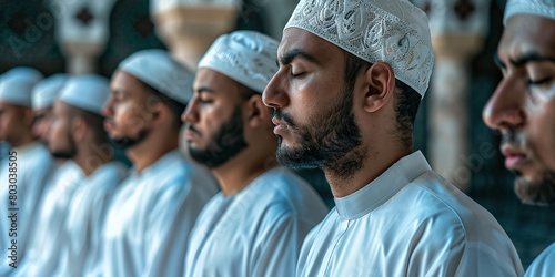  Muslim men standing in a row and praying, they all wear white with traditional hats photo