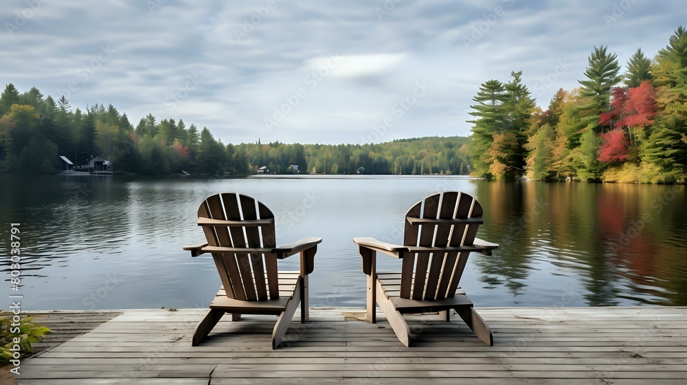 Canada Lakeside Bliss: Adirondack Chairs Inviting Relaxation on Wooden Dock Canada Lakeside Bliss: Adirondack Chairs Inviting Relaxation on Wooden Dock