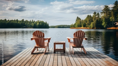 Tranquil Lake Scene: Two Adirondack Chairs Resting on Wooden Dock